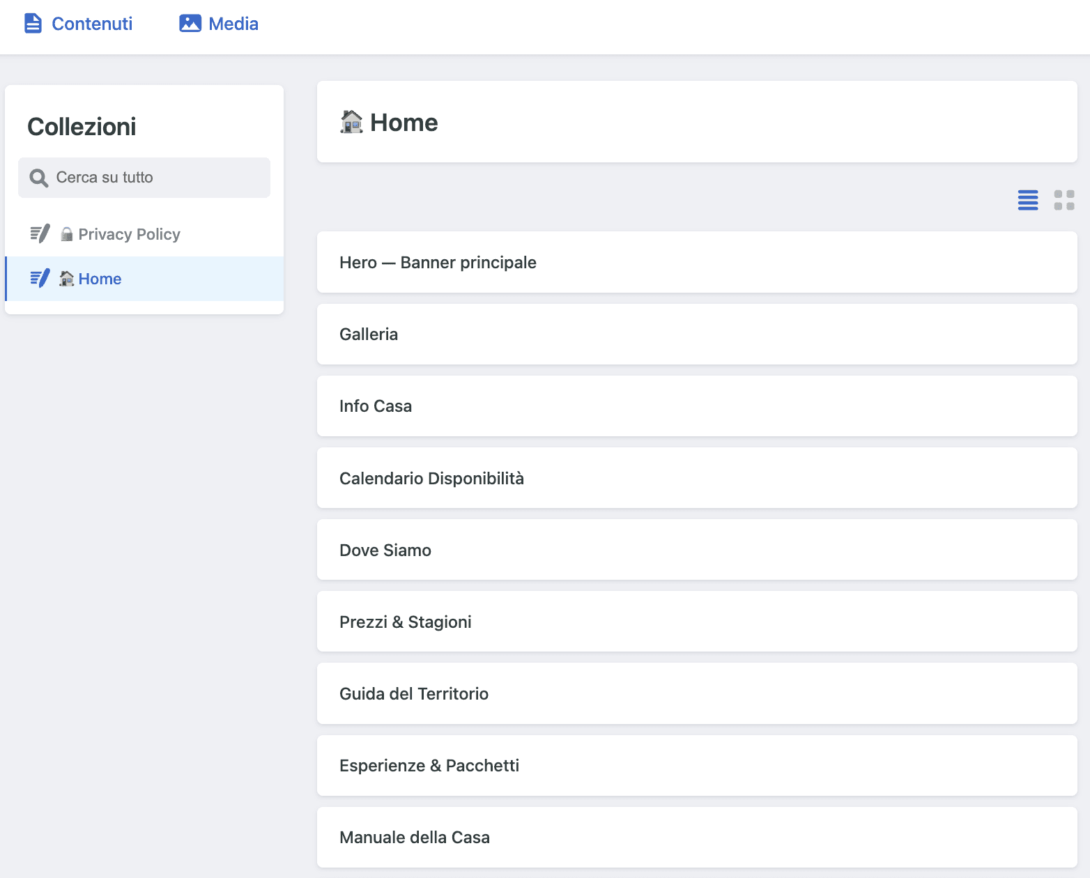 Pannello CMS admin
